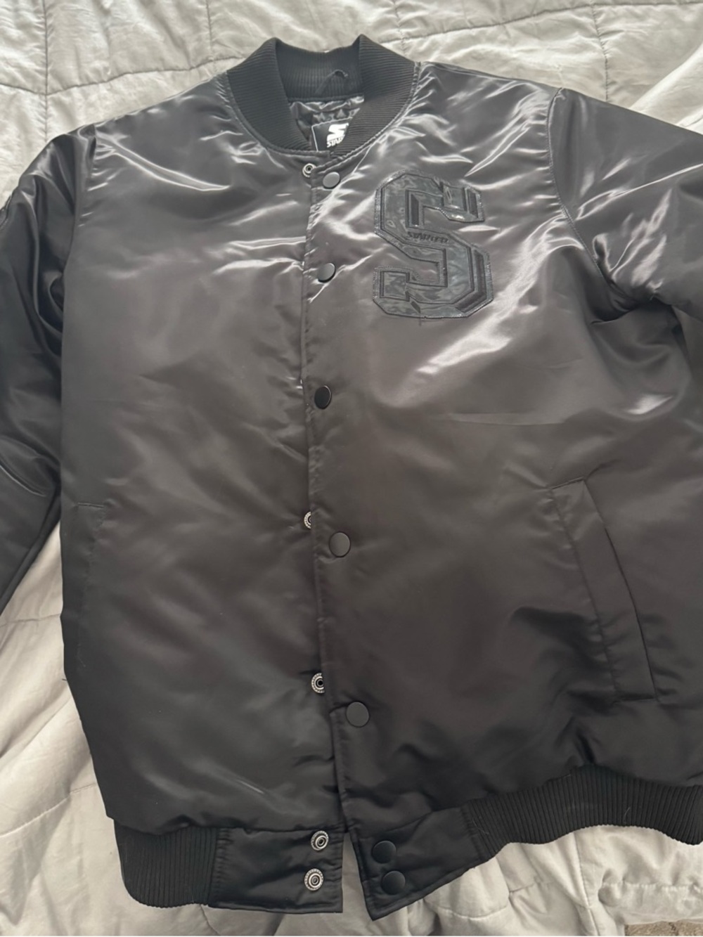 Men's Black Satin Bomber Starter Jacket - Classic Varsity Style